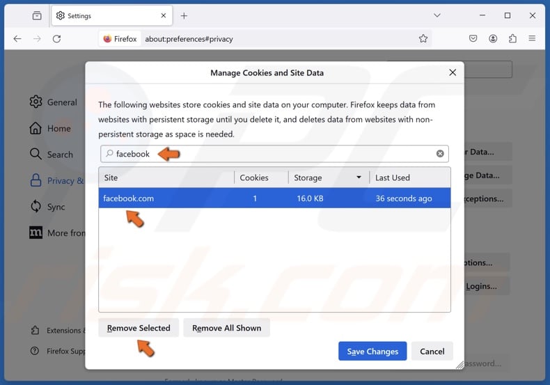 Select website and click Remove Selected