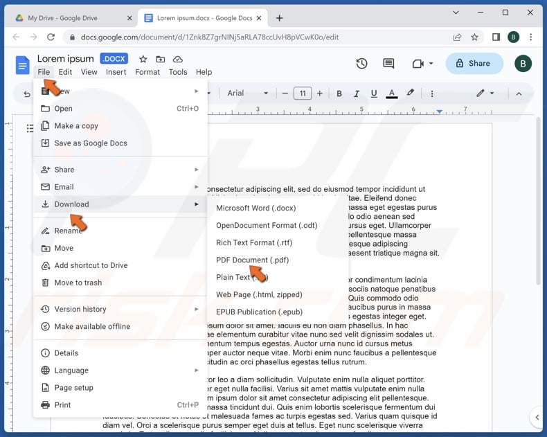 Click File, sekect Download and click PDF Document