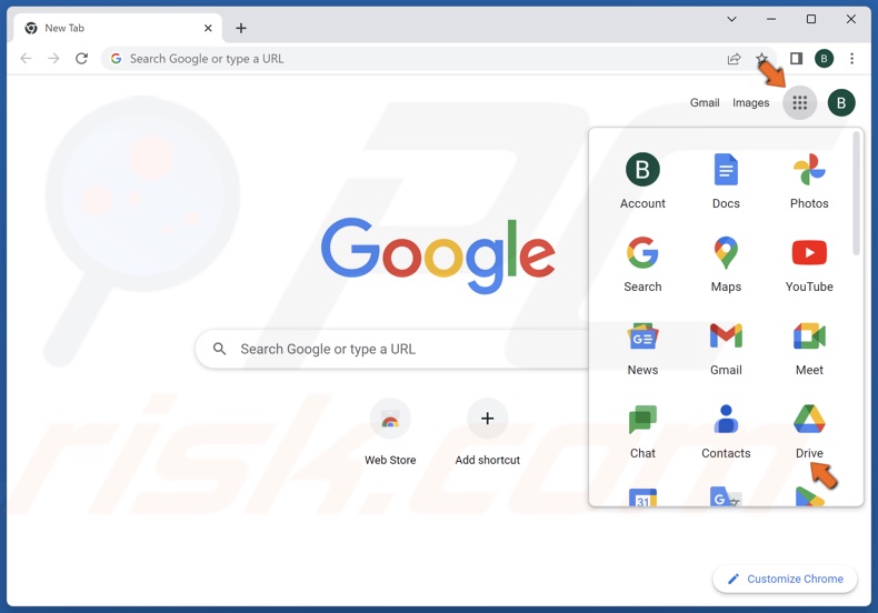 Click the Google apps icon and click Google Drive