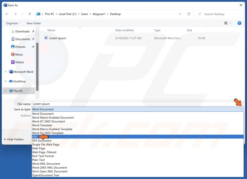 Open the Save as type drop-down menu and select PDF