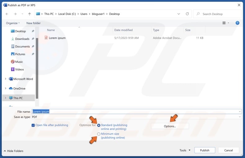 Select optimization for printing or publishing online and click Options to modify other settings