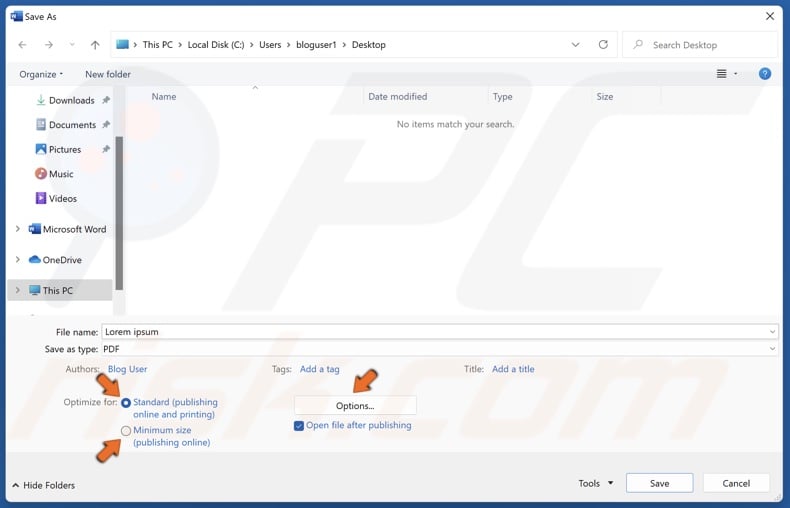 Optimize for printing or sharing online and click Options to modify other settings