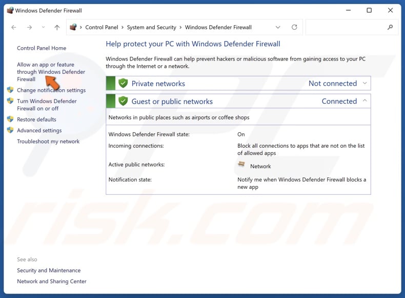 Click Allow an app or feature through Windows Defender Firewall