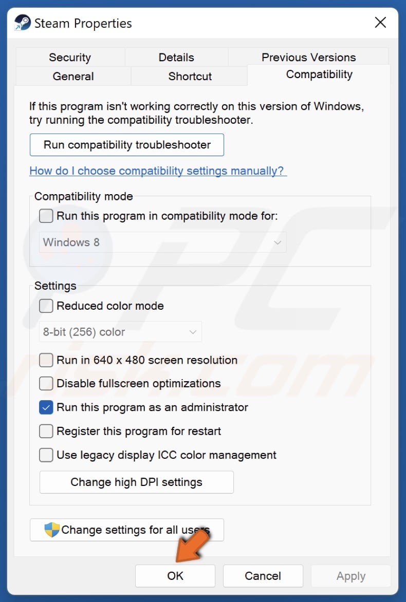 Click OK to close the Steam Properties window