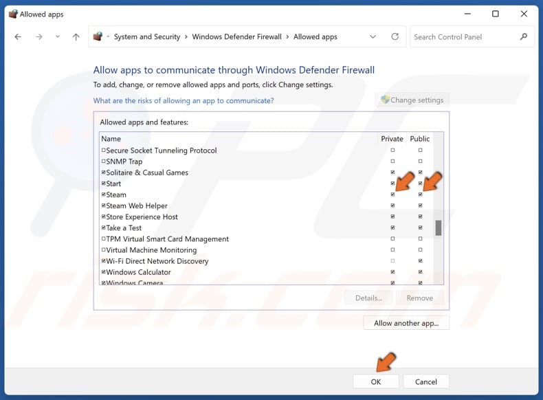 Mark the Private and Public checkboxes next to Steam and click OK
