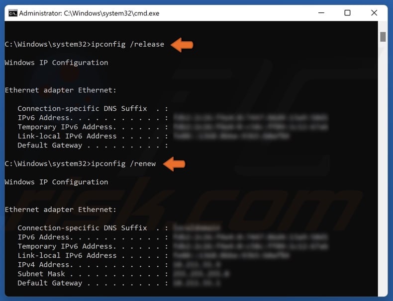 Run ipconfig /release and ipconfig /renew commands