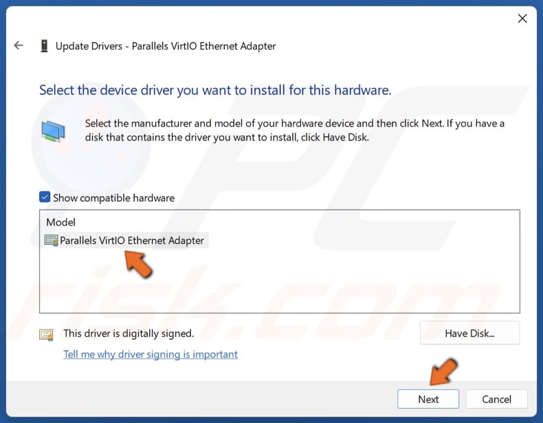 Select a driver from the list and click Next