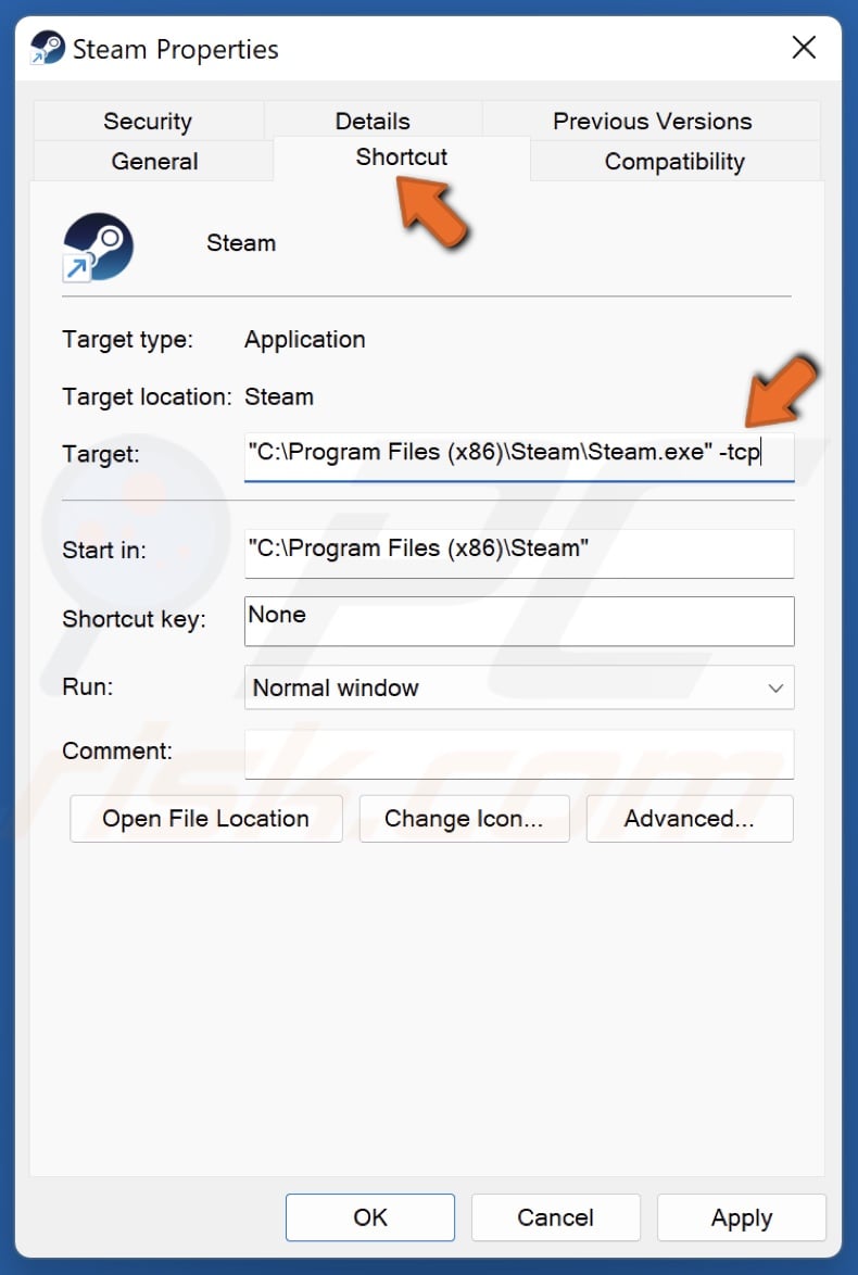 Select the Shortcut tab and add -tcp to the Target line