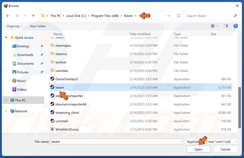 Select steam.exe and click Open