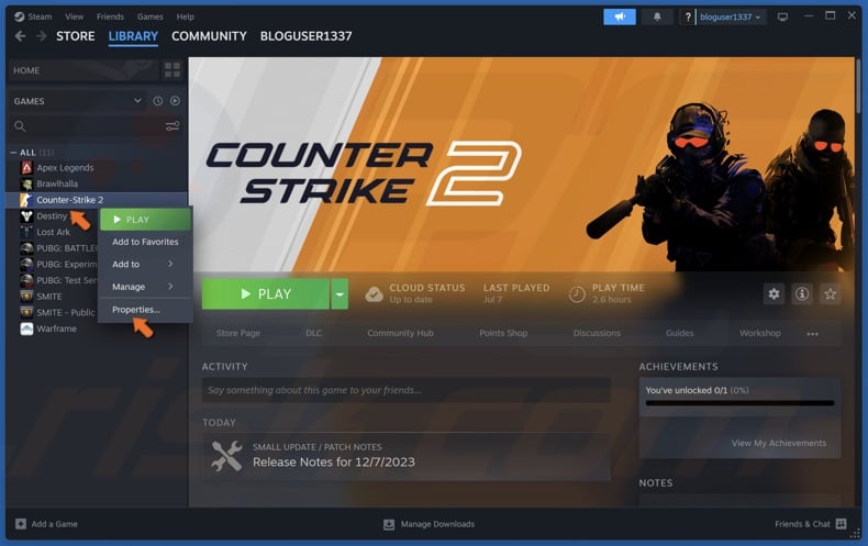 Right-click a game and click Properties