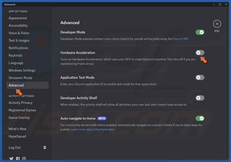 Select Advanced and toggle off Hardware Acceleration