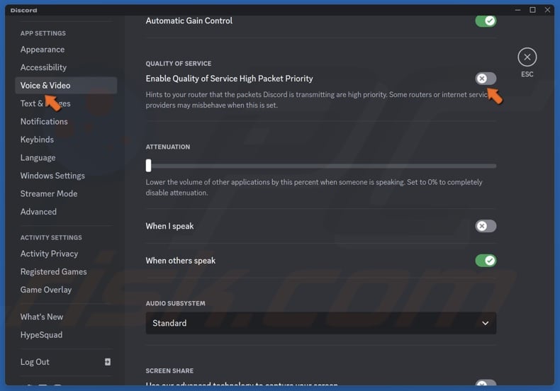 Select Voice & Video and toggle off Enable Quality of Service High Packet Priority