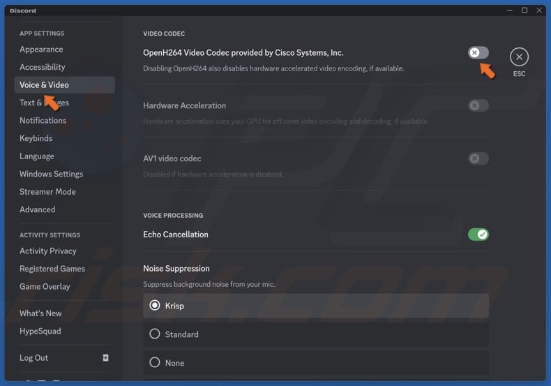 Select Voice & Video and toggle off OpenH264 Video Codec