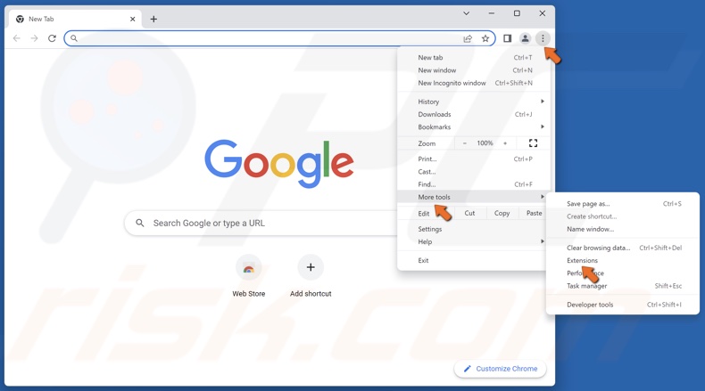 Click the three-dot button at the top-right corner, select More tools, and click Extensions