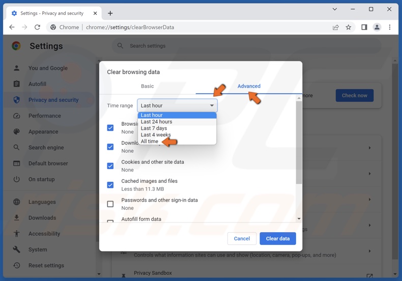 Select the Advanced tab, open the Time range menu and select All time