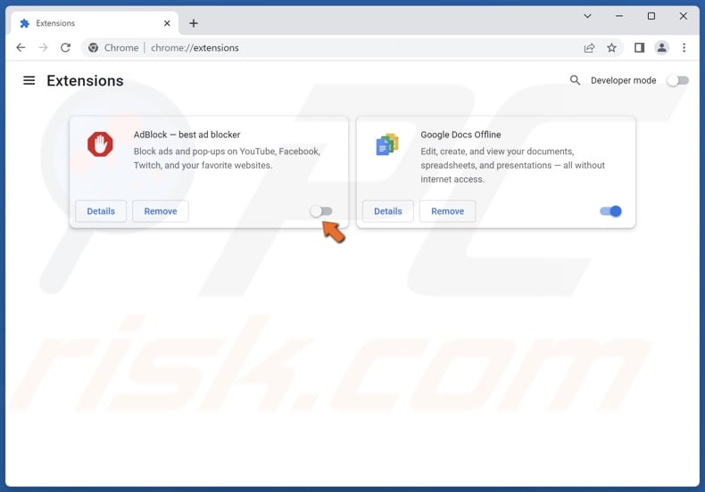 Toogle off the slider next to an extension