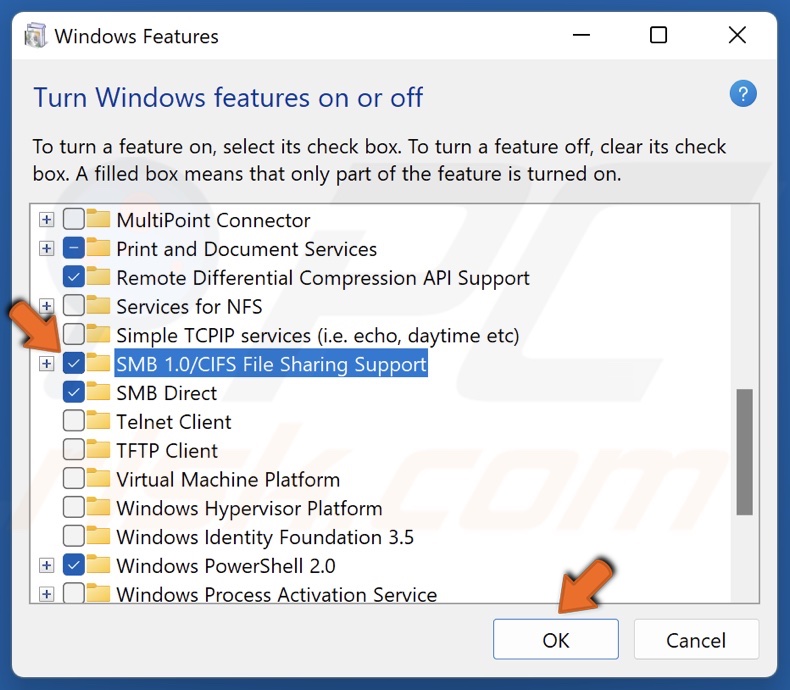 Mark the SMB 1.0/CIFS File Sharing Support checkbox and click OK