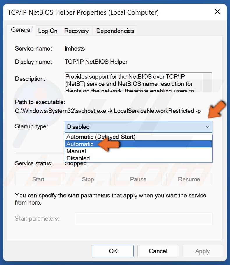Open the Startup type drop-down menu and select Automatic