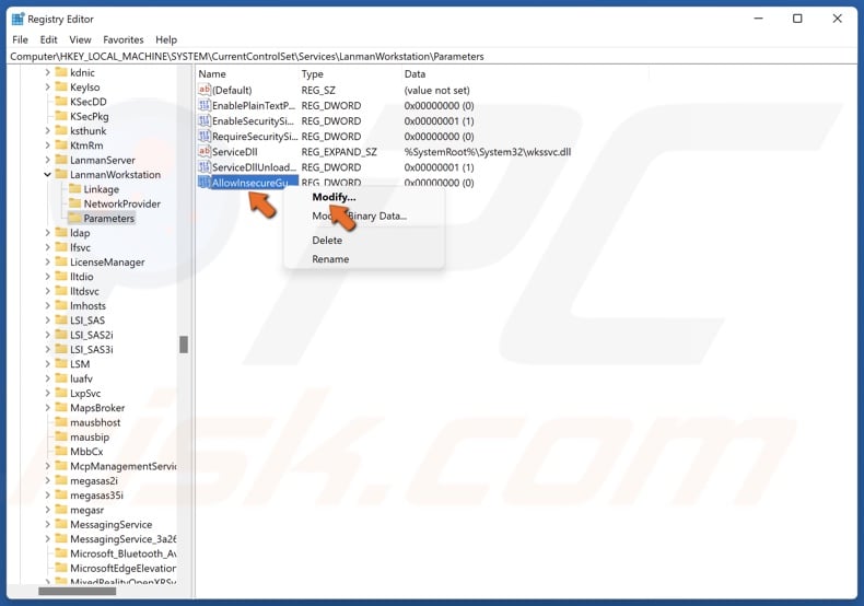 Right-click AllowInsecureGuestAuth and click Modify