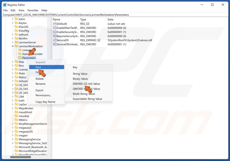 Right-click Parameters, select New, and click DWORD (32-bit) Value