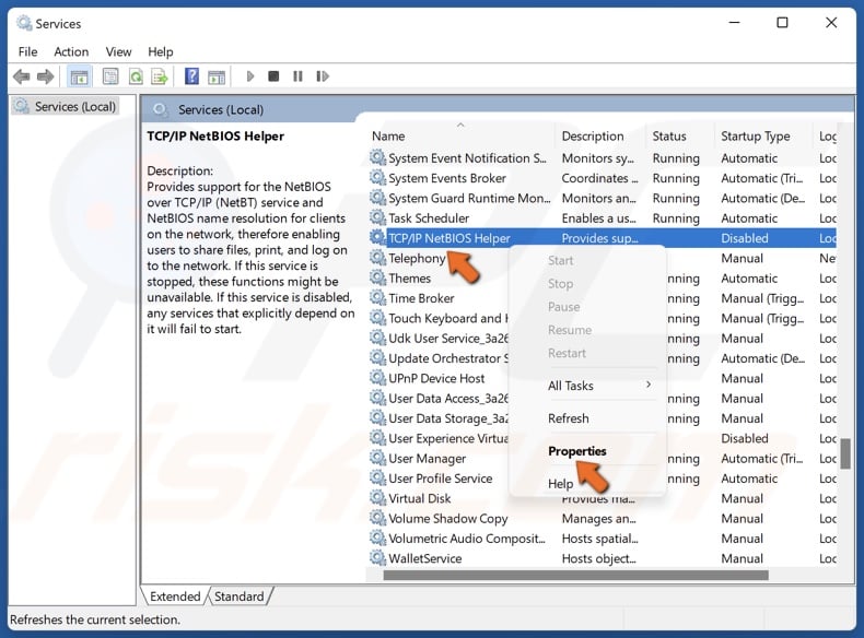 Right-click TCP/IP NetBIOS Helper and click Properties