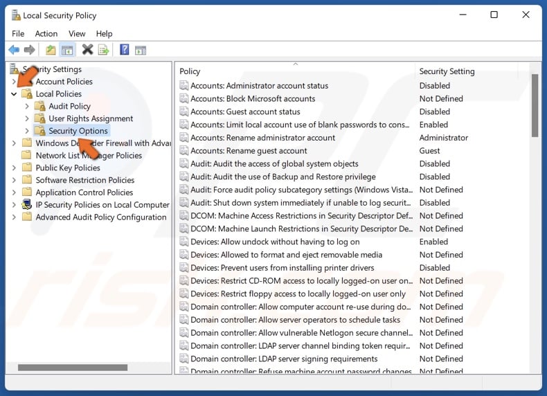 Expand Local Policies and select Security Options
