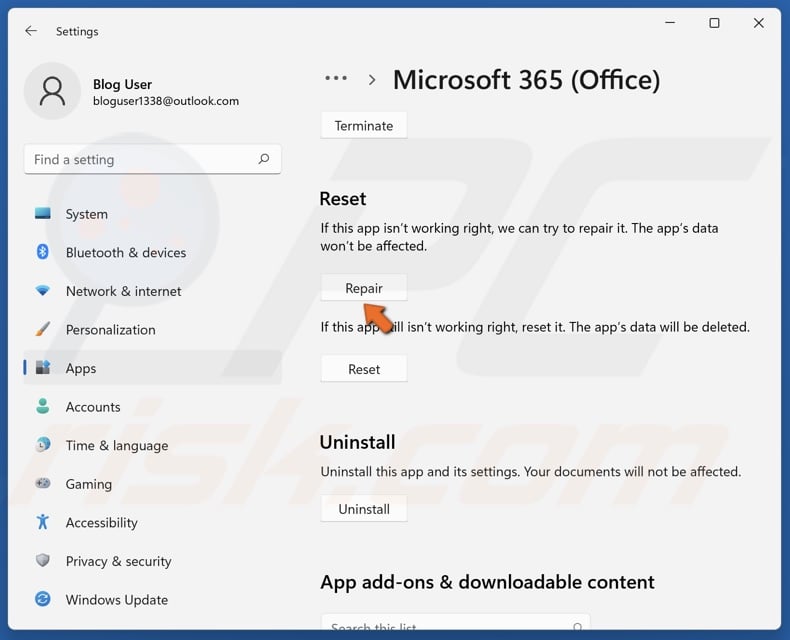 Scroll to the Reset section and click Repair