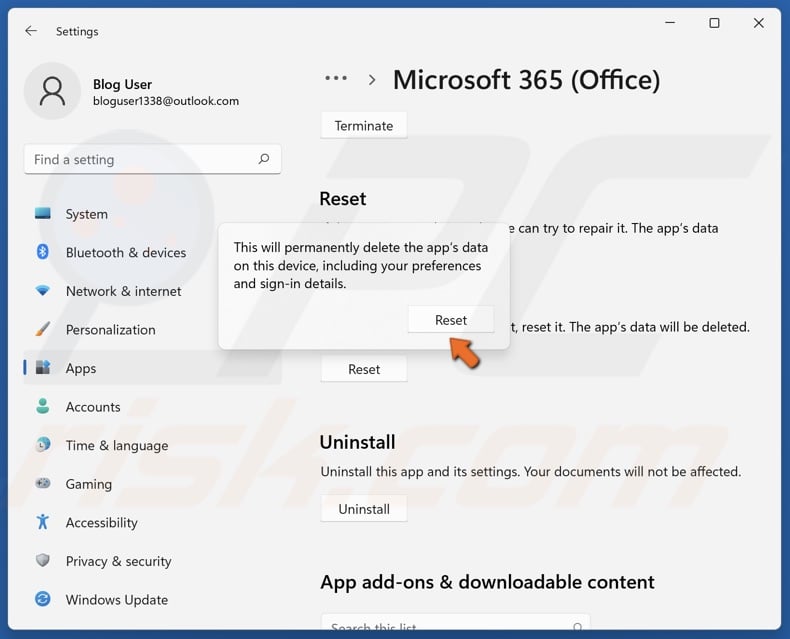 Click Reset when prompted