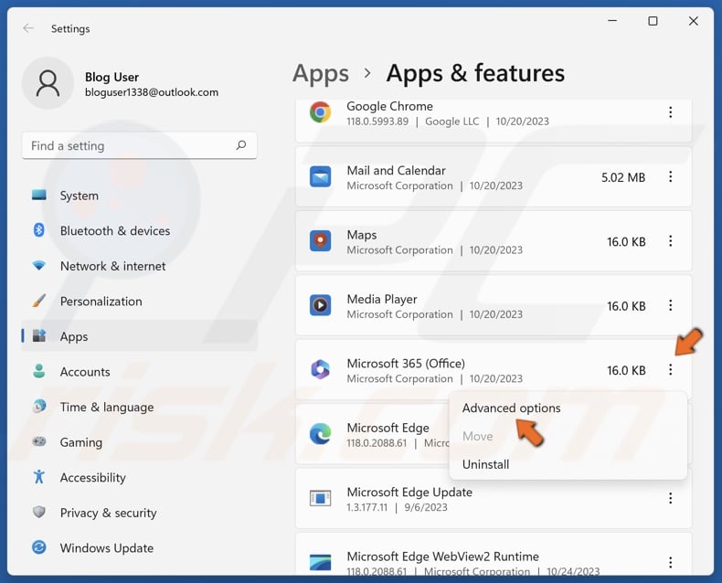 Click the three-dot button next to Microsoft 365 and select Advanced options