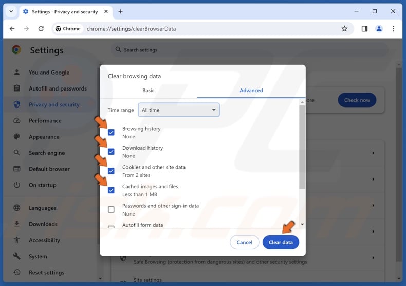Mark Browsing history, Download history, Cookies and other site data, and Cached images and files