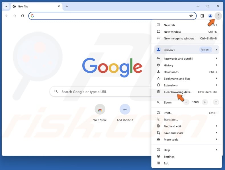 Click the three-dot menu button and click Clear browsing data