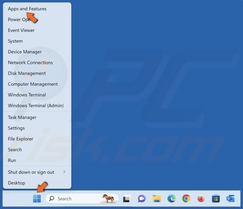 Right-click Start and select Apps and Features