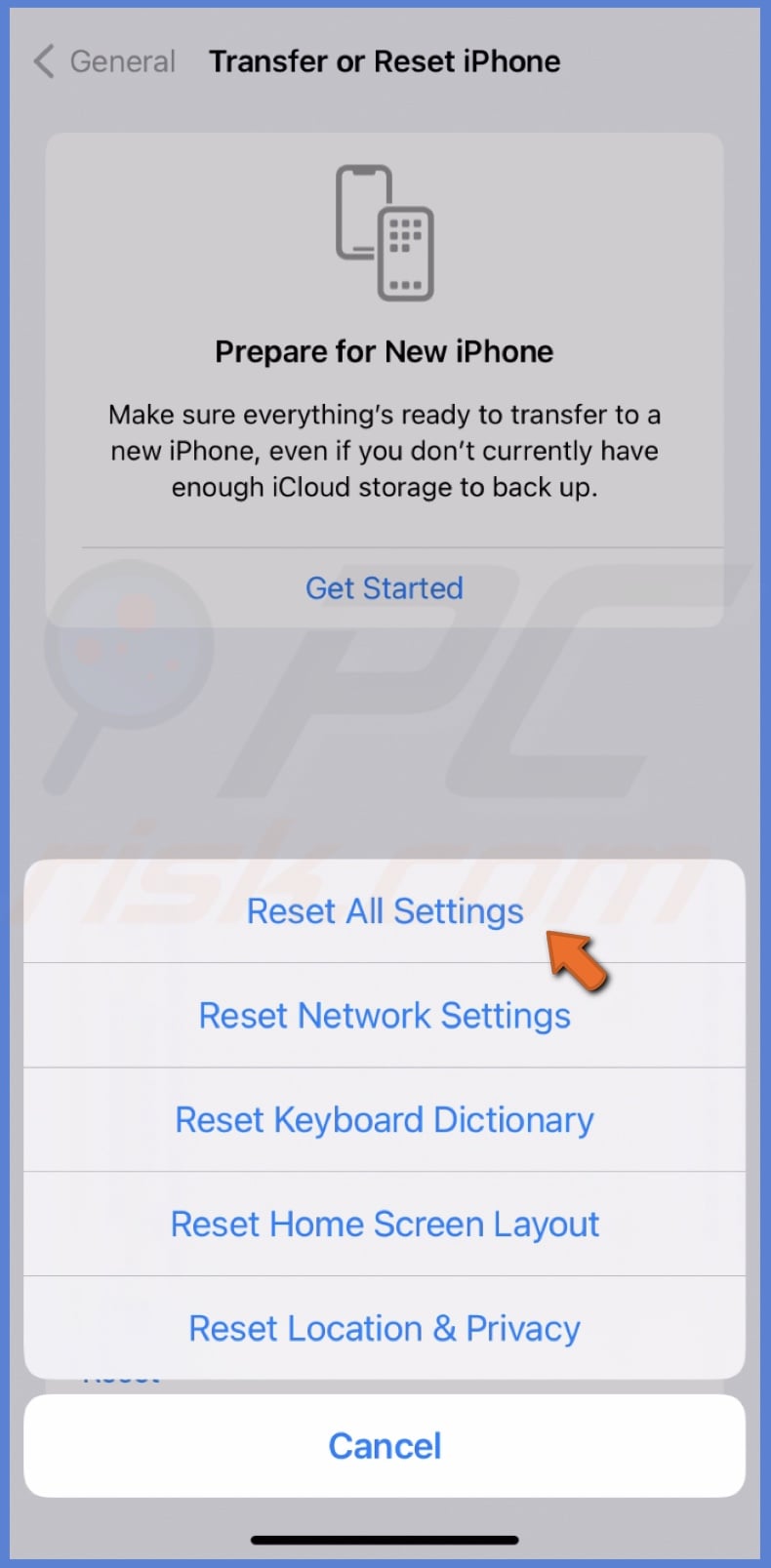 Reset all settings
