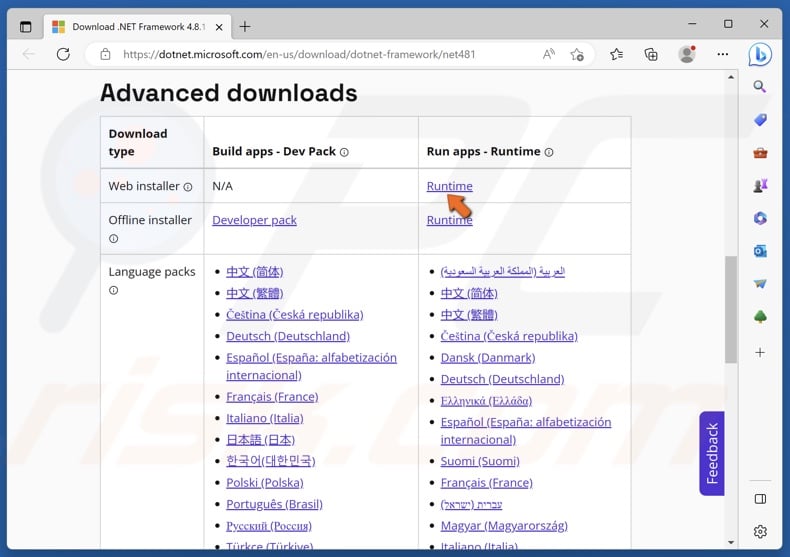 Click Runtime to download .NET Framework