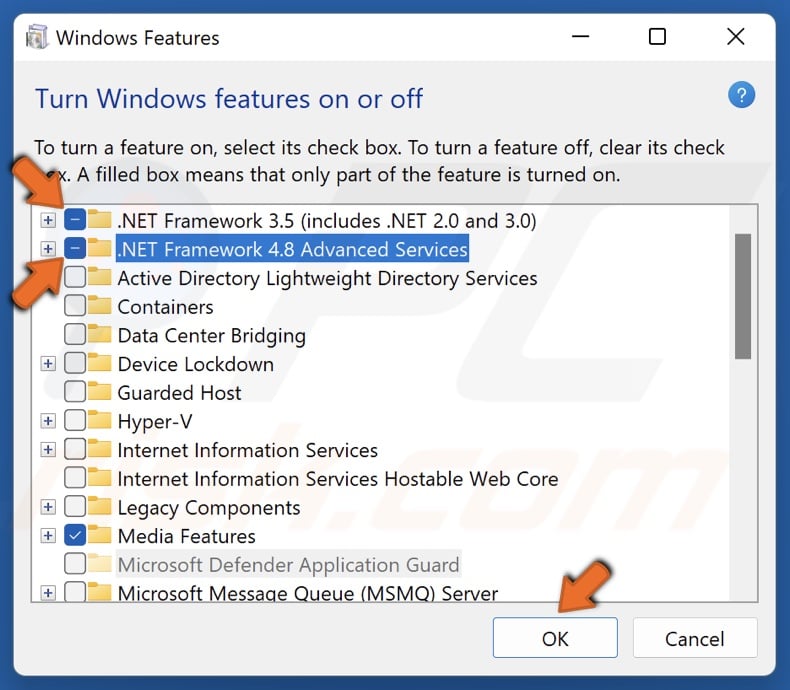 Mark .NET Framework 3.5 and 4.8 checkboxes and click OK