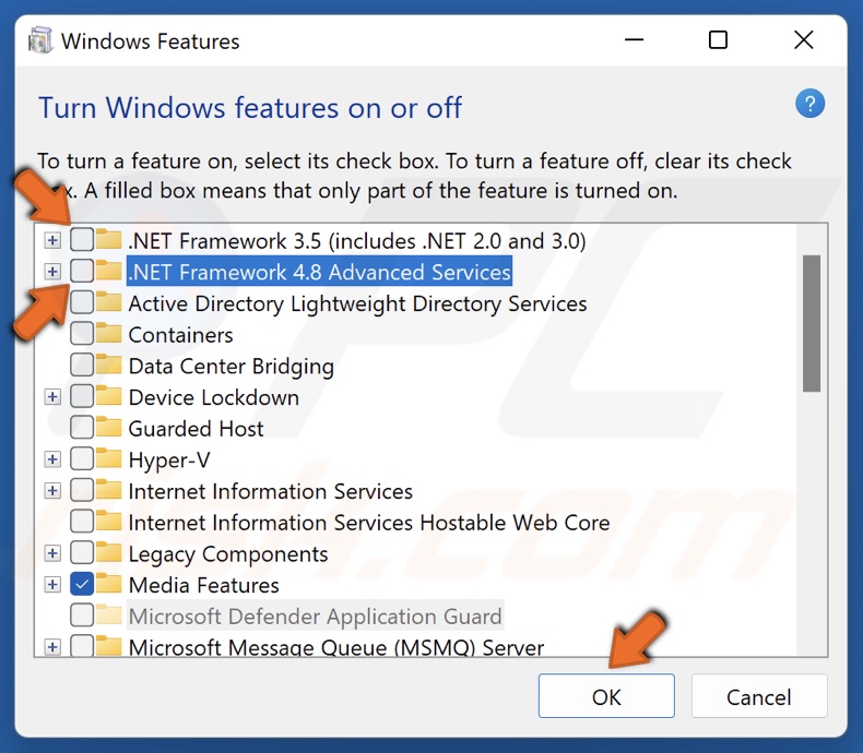 Unmark .NET Framework 3.5 and 4.8 checkboxes and click OK