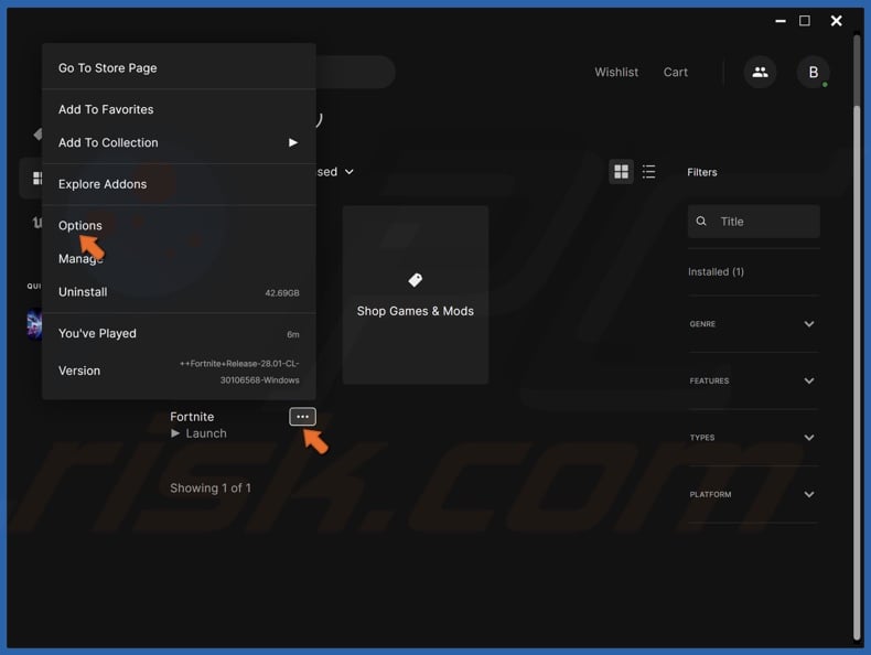 Click the three-dot button below the Fortnite thumbnail and click Options