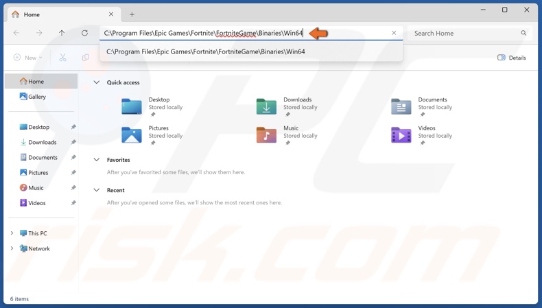 Type in C:Program FilesEpic GamesFortniteFortniteGameBinariesWin64 in the File Explorer address bar and press Enter