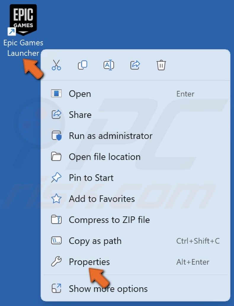 Right-click the Epic Games Launcher desktop shortcut and click Properties