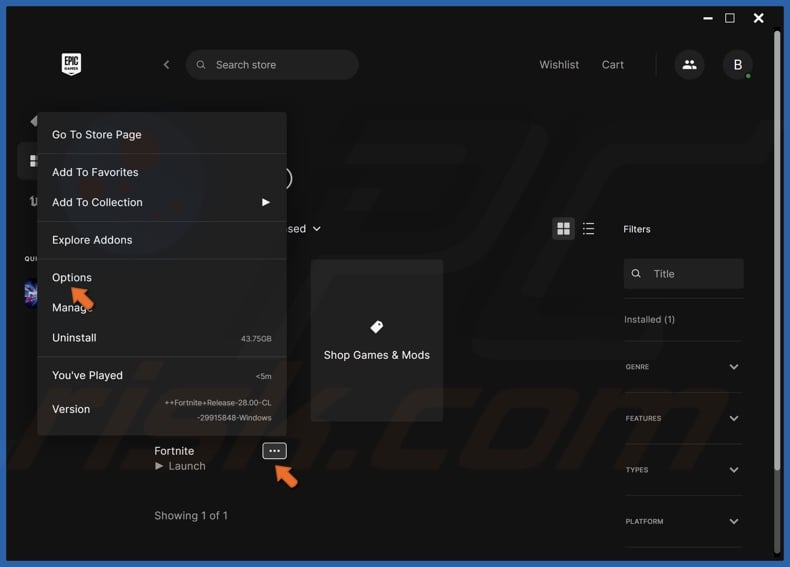 Click the three-dot button below the Fortnite thumbnail and click Options