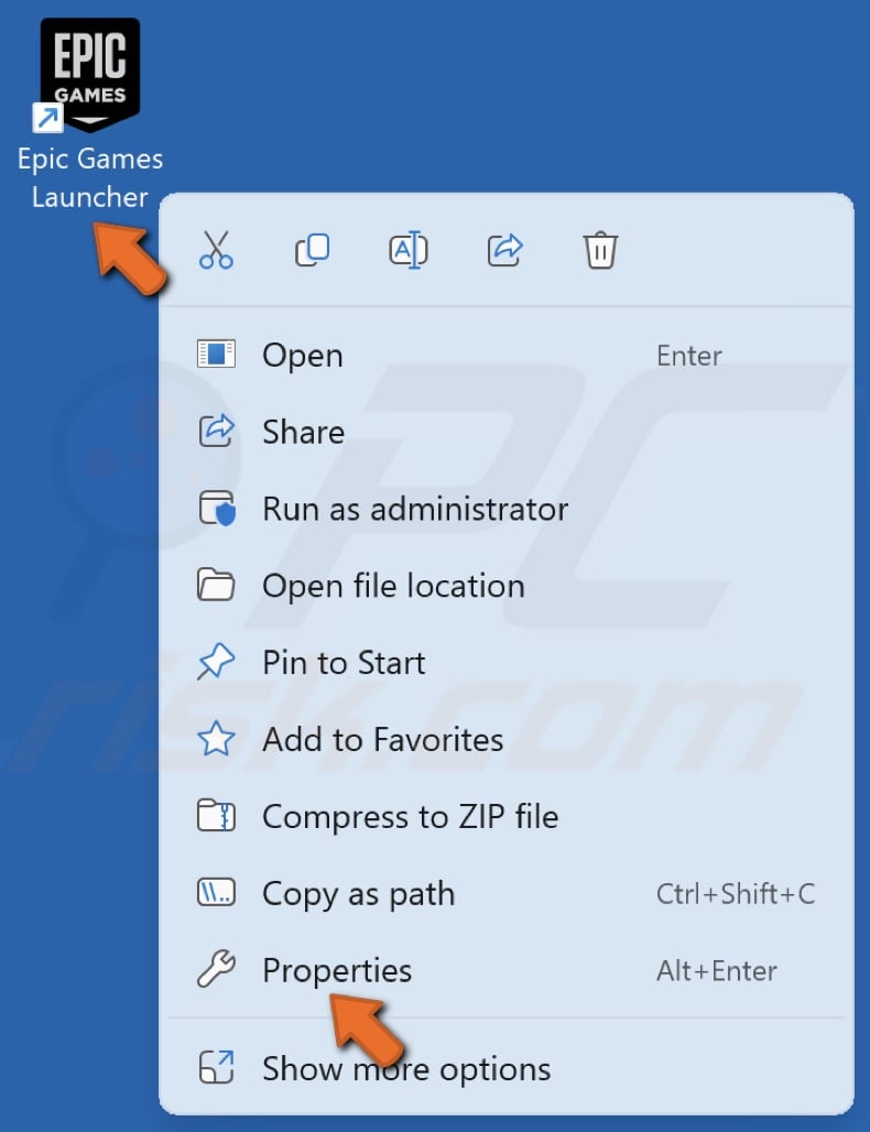 Right-click the Epic Games Launcher shortcut and click Properties