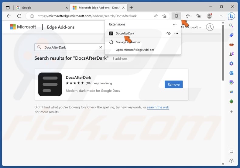 Click the Extenions icon in Edge and click DocsAfterDark