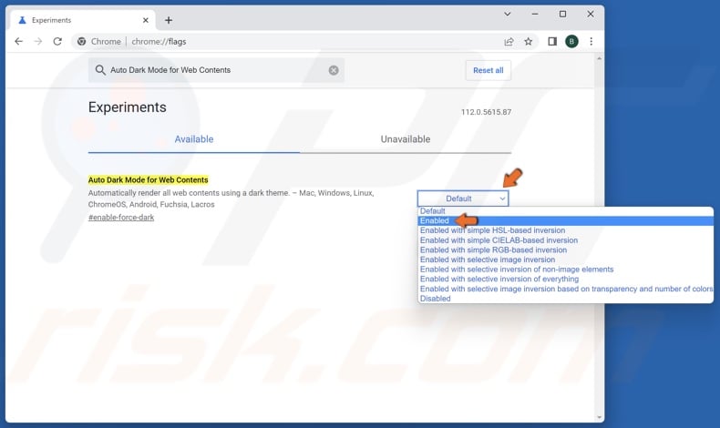Open the context menu next to Auto Dark Mode for Web Contents and select Enabled
