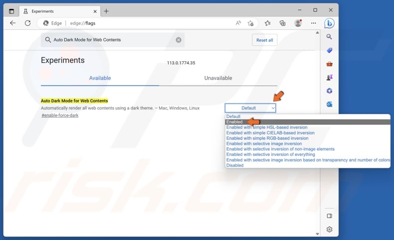 Open the context menu next to Auto Dark Mode for Web Contents and select Enabled