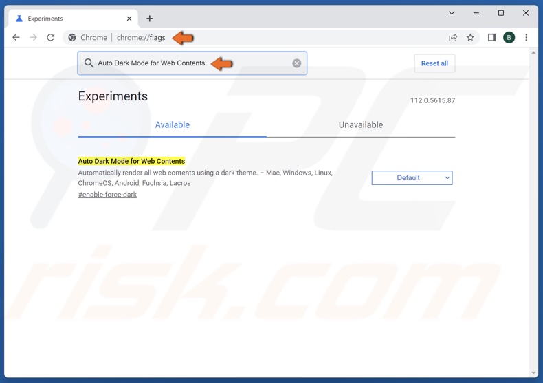 Type in chrome://flags in the omnibox and type in Auto Dark Mode for Web Contents in the search box