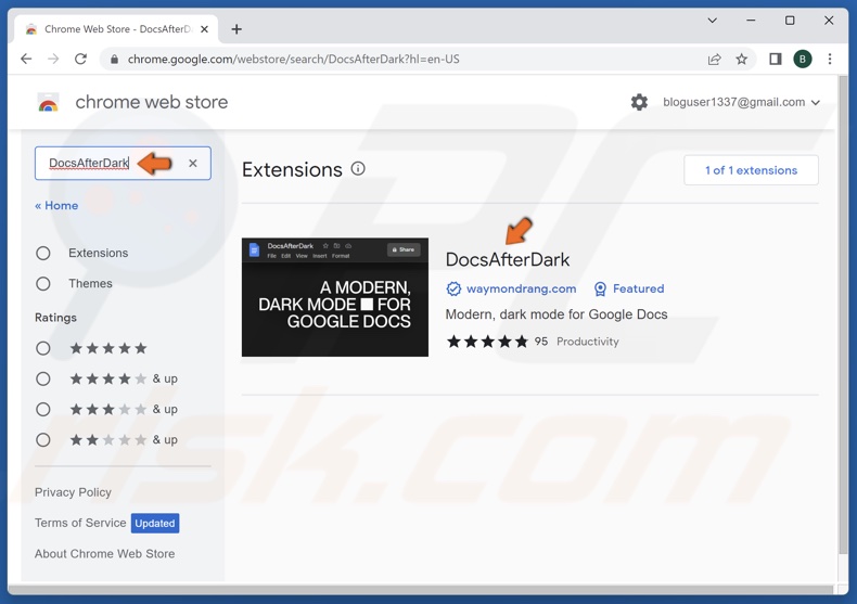 Type in DocsAfterDark in the Chrome search box and press Enter
