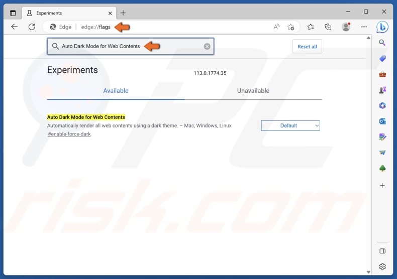 Type in edge://flags in the omnibox nad type in Auto Dark Mode for Web Contents in the search box