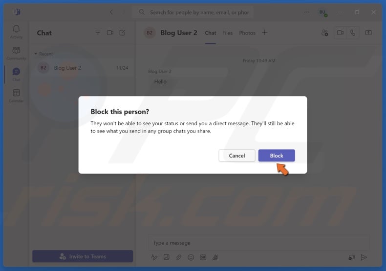 Click Block when prompted to confirm the action
