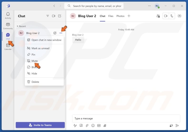 Select Chat, select the contact, click the More options button and click Mute