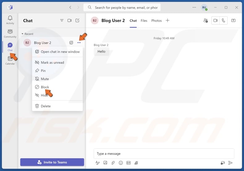 Select Chat, click the on the contact, click the More optinos button, and click Block